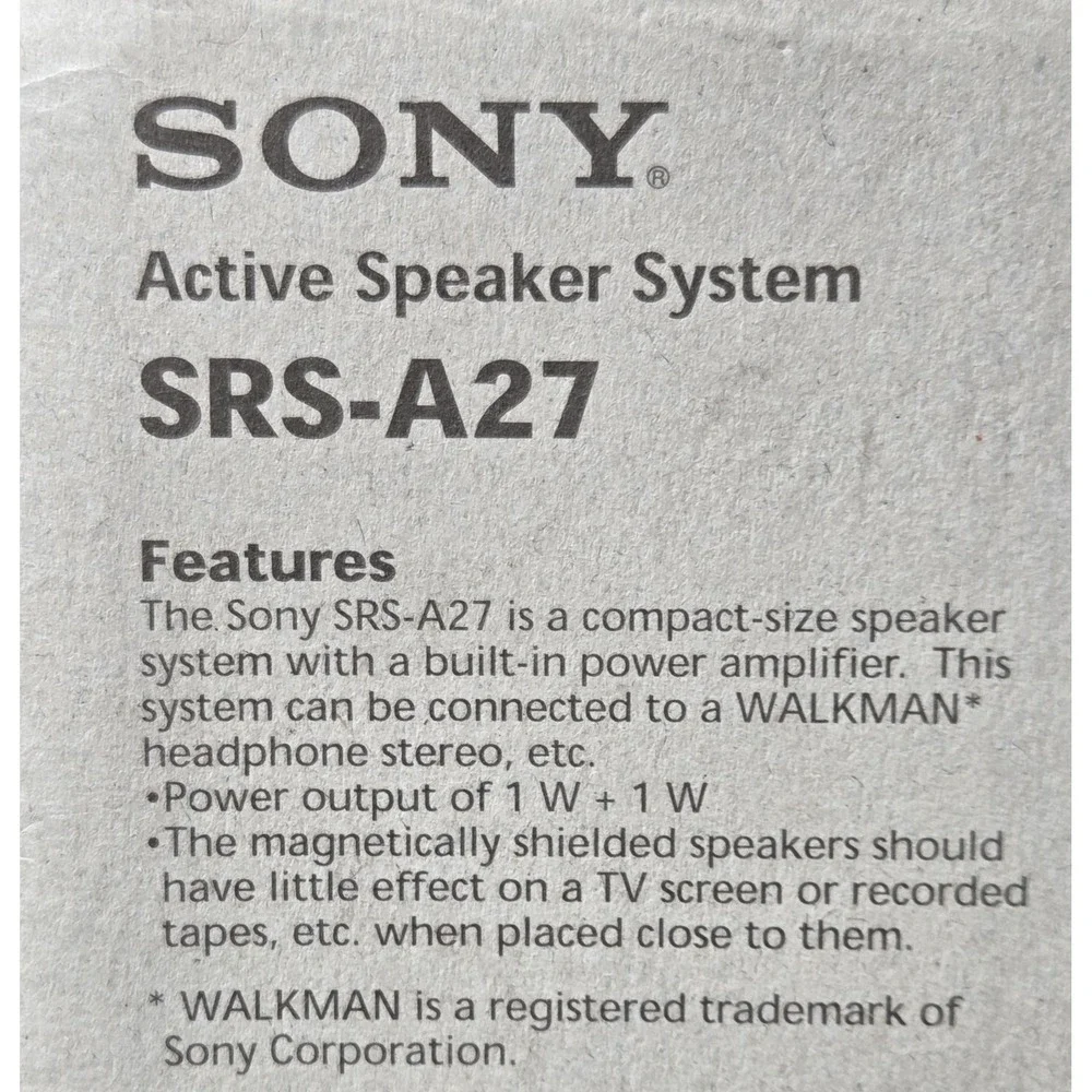 NEW Sony SRS-A27 Active Speaker Sytem For MD/CD/Cassette Tape Walkman PC Vintage
